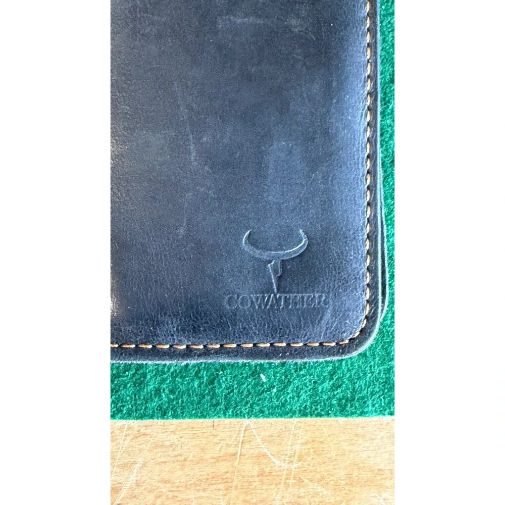 Cowather Handmade Genuine Leather Long Bifold Wallet Navy Blue Slim Tall Wallet